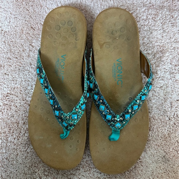 Vionic Floriana Teal Turquoise Snake Beaded Sandals Flip Flops Women’s Size 10 - Picture 2 of 10